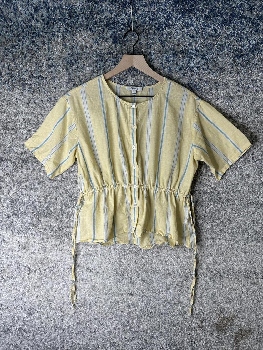 Madewell Blouse Womens XS Yellow Stripe Button Front Drawstring Peplum Top